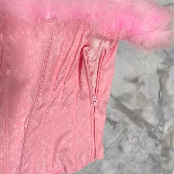 Dolls Kill Sugar Thrillz TURNOUT FOR WHAT JACQUARD BUSTIER Feathered Corset Top - Picture 5 of 5